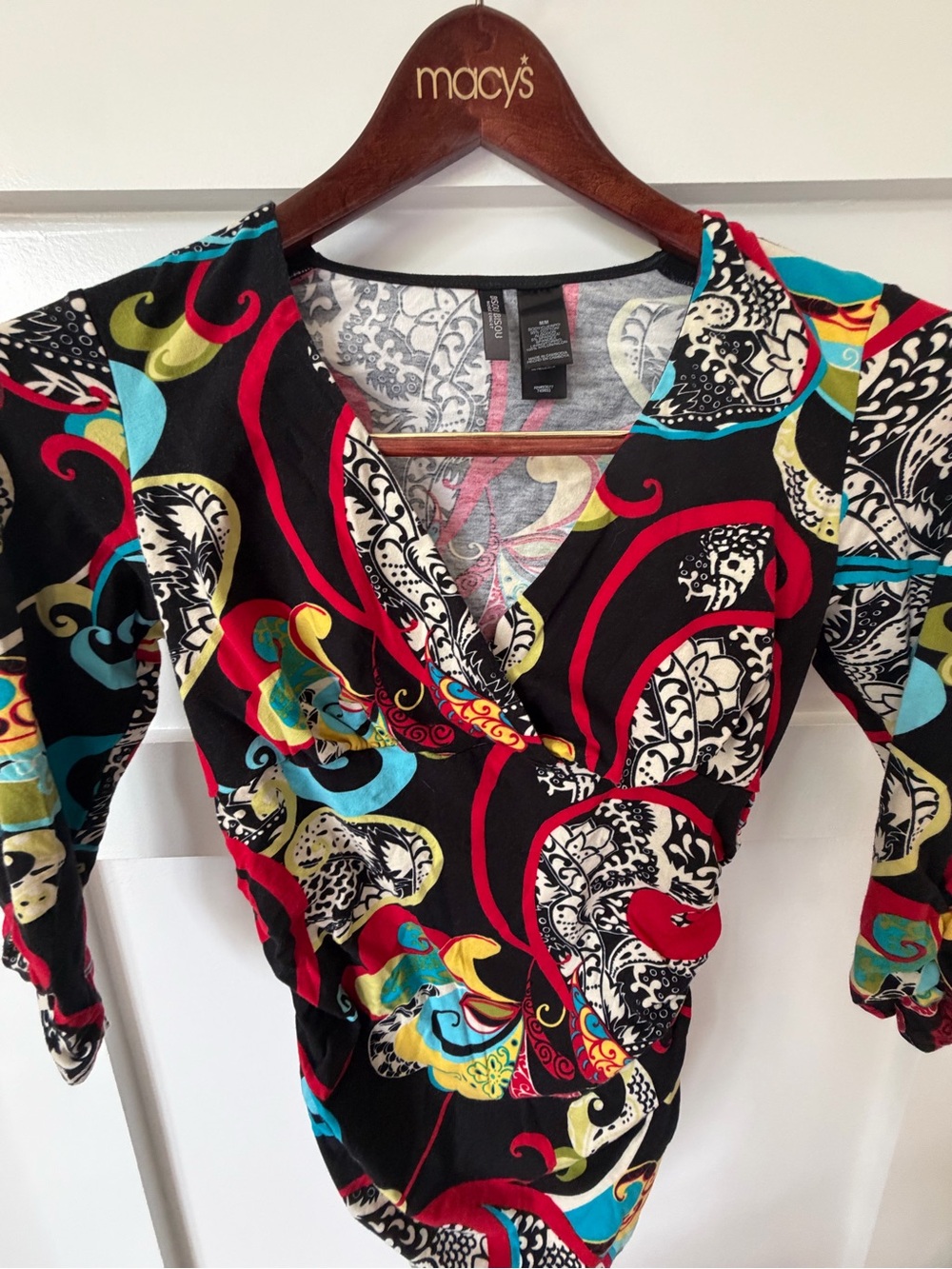 Multicolor Wrap-Style Women's Top by Bisou Bisou with Red & Teal Pattern